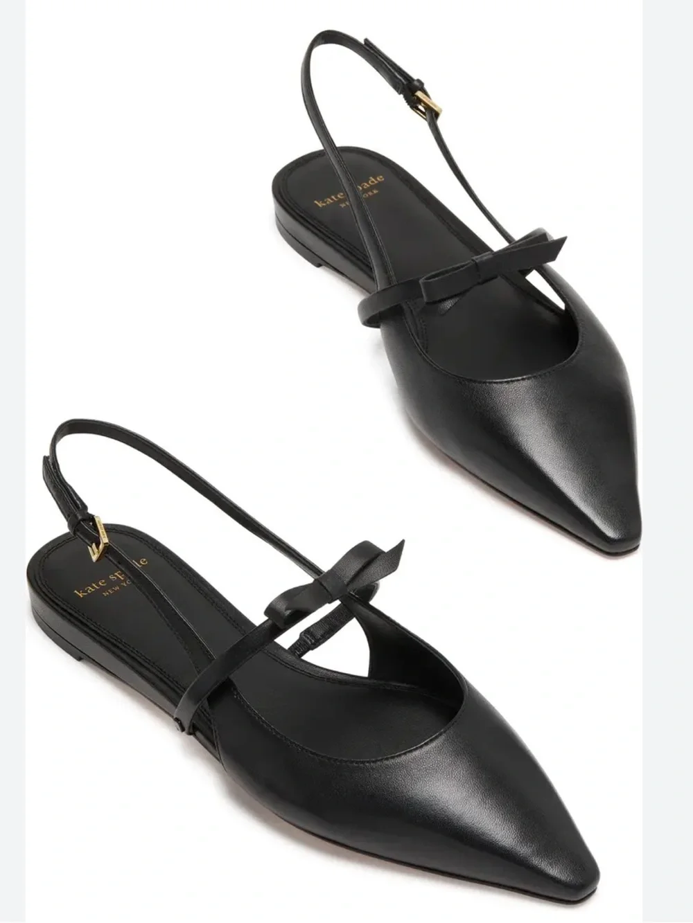 Kate Spade Carolina Flat Slingback Black Leather Pointed Toe Mary Jane Bow